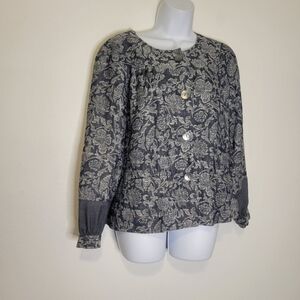 J jill linen blend blue w/floral print blazer jacket pockets